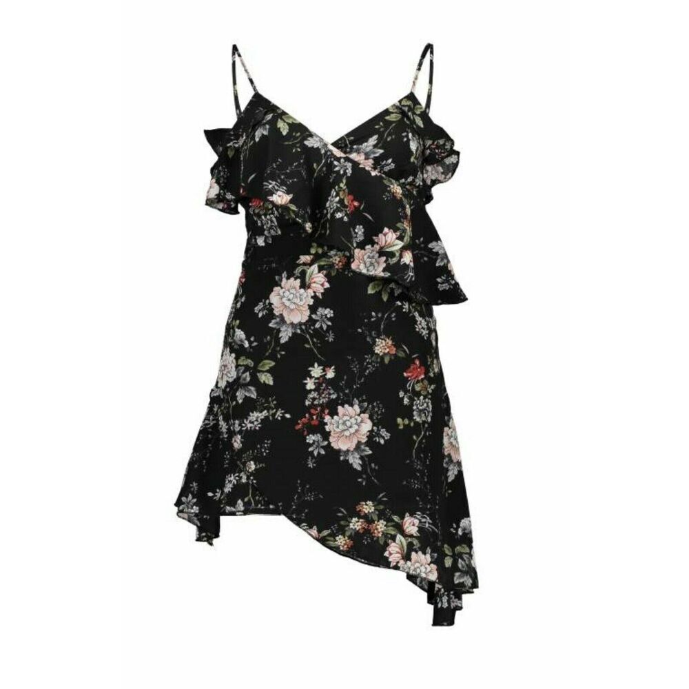 Missguided Sleeveless Wrap Over Mini Dress In Black Floral Size 6 US